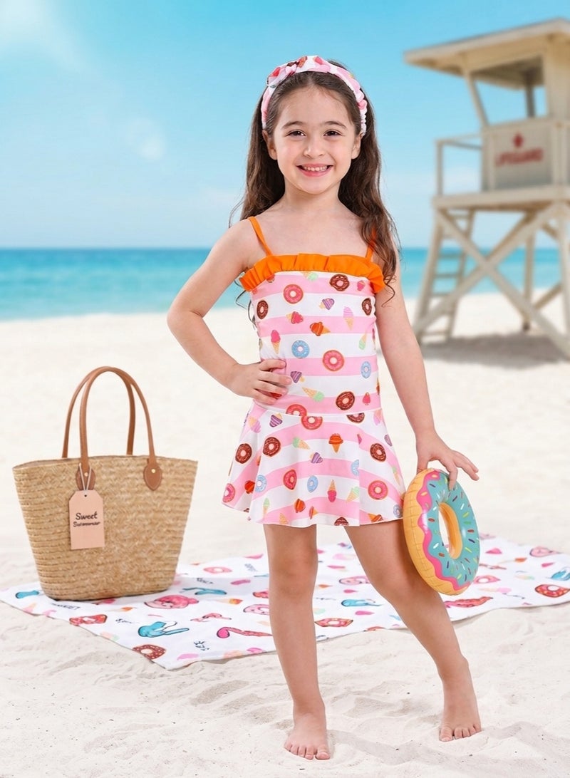 Girls One Piece Swimsuit with Matching Headband Cute Donut Ice Cream Print Ruffle Trim Swim Dress Quick Dry Beachwear Bathing Suit for Swimming Beach Pool Vacation Summer Water Activities - Image 1
