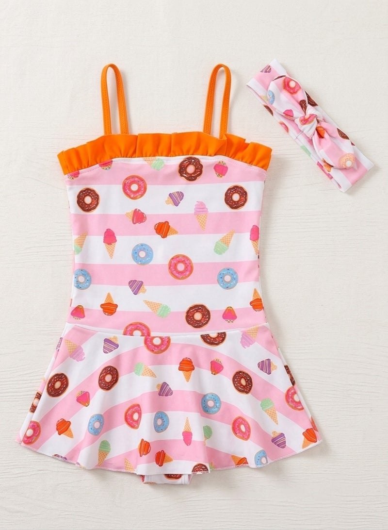 Girls One Piece Swimsuit with Matching Headband Cute Donut Ice Cream Print Ruffle Trim Swim Dress Quick Dry Beachwear Bathing Suit for Swimming Beach Pool Vacation Summer Water Activities - Image 2