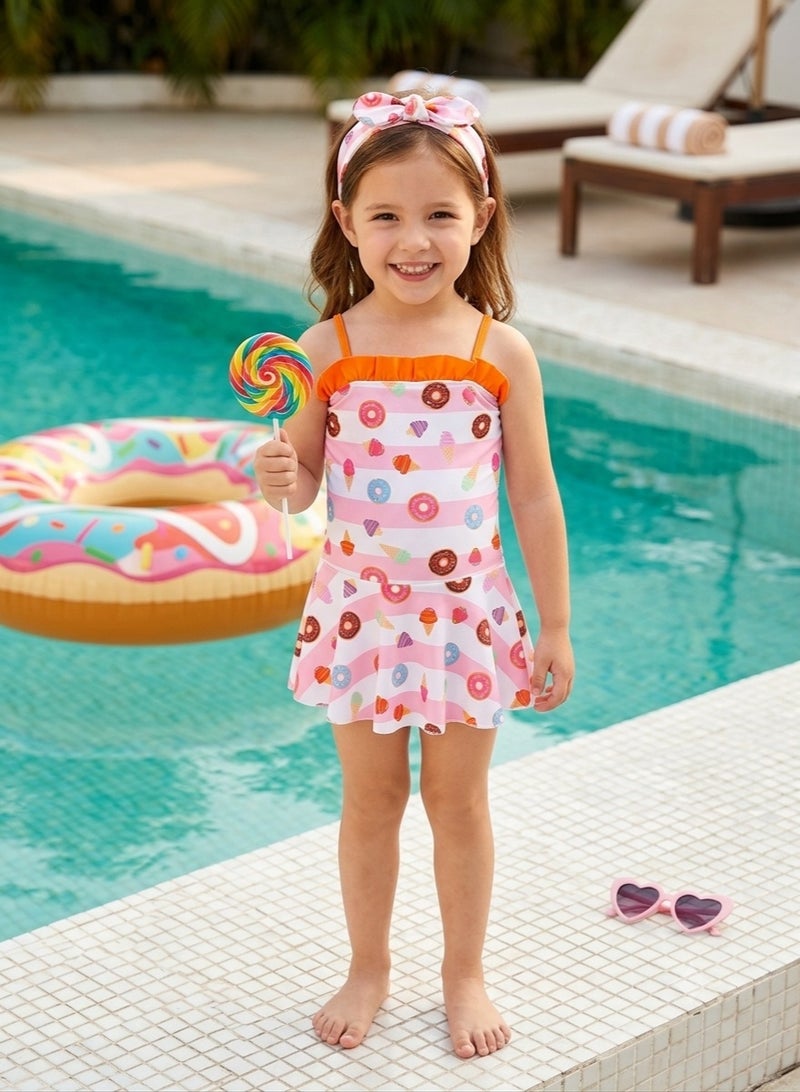 Girls One Piece Swimsuit with Matching Headband Cute Donut Ice Cream Print Ruffle Trim Swim Dress Quick Dry Beachwear Bathing Suit for Swimming Beach Pool Vacation Summer Water Activities - Image 3