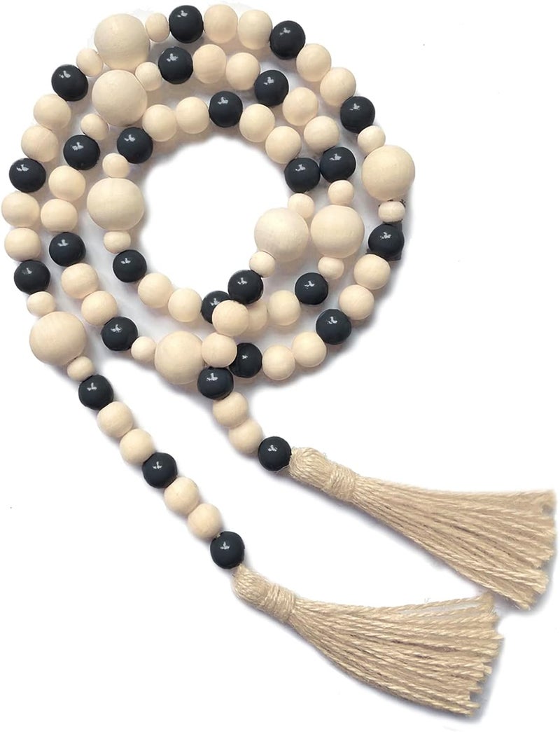 OMISHE Wood Bead Garland with Tassels 61 Inches, Boho Farmhouse Wooden Decorative Beads for Home Tiered Tray Decor, Beige Black - Image 1