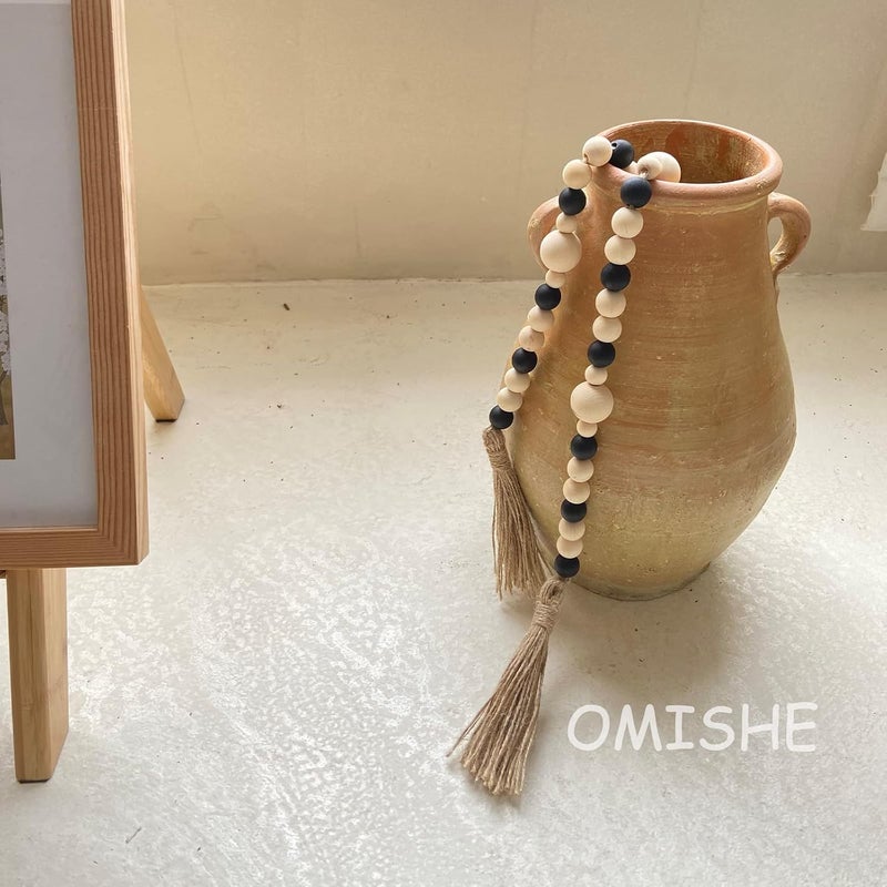 OMISHE Wood Bead Garland with Tassels 61 Inches, Boho Farmhouse Wooden Decorative Beads for Home Tiered Tray Decor, Beige Black - Image 3