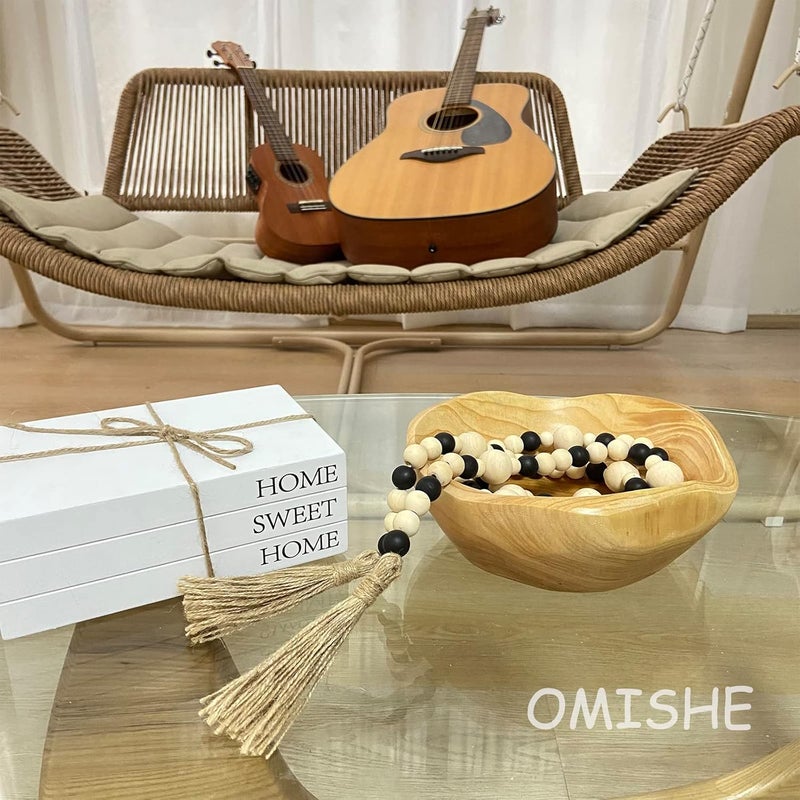 OMISHE Wood Bead Garland with Tassels 61 Inches, Boho Farmhouse Wooden Decorative Beads for Home Tiered Tray Decor, Beige Black - Image 4