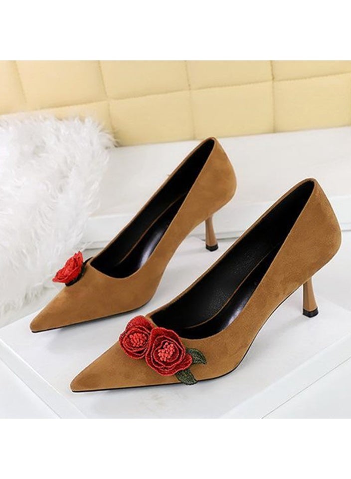 بيج تري النساء ورد الزهور ديكور مغلق إصبع القدم عالية الكعب مضخات الجمل 6.5CM - Image 1