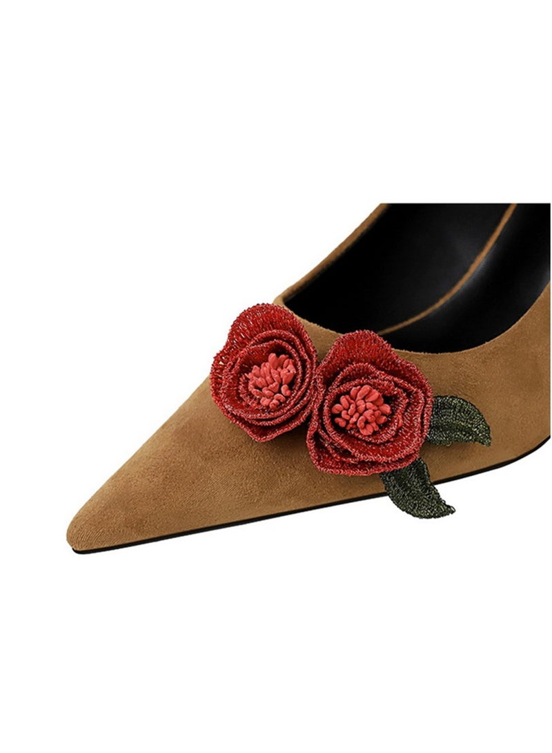 بيج تري النساء ورد الزهور ديكور مغلق إصبع القدم عالية الكعب مضخات الجمل 6.5CM - Image 4