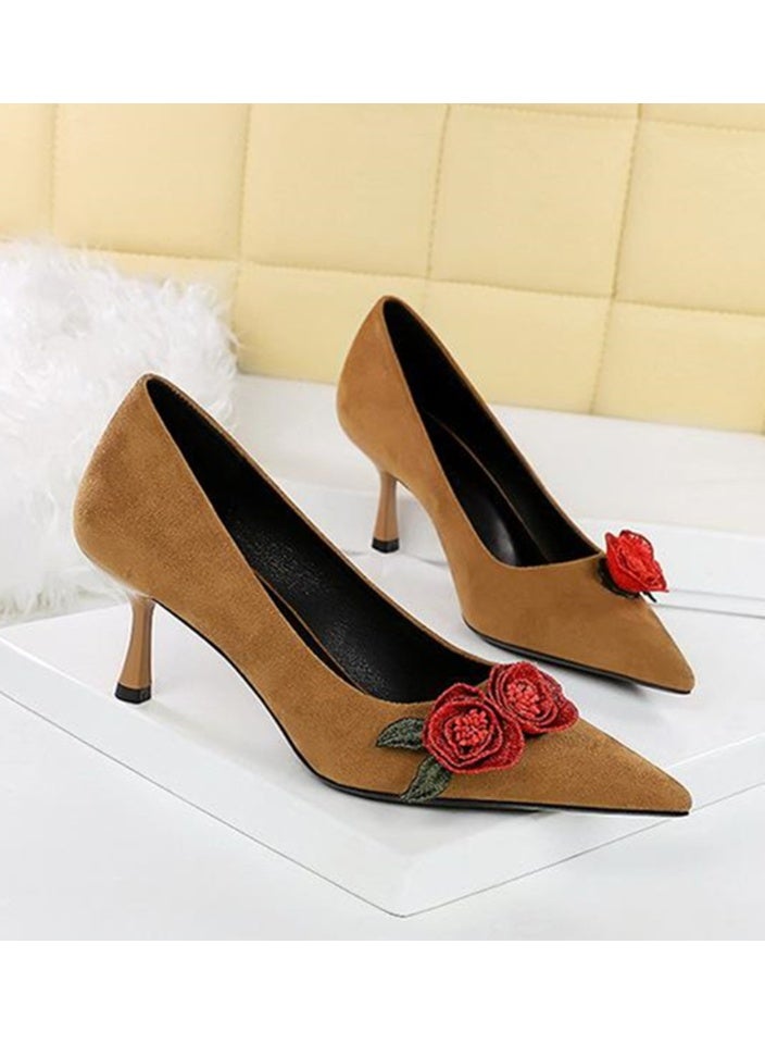 بيج تري النساء ورد الزهور ديكور مغلق إصبع القدم عالية الكعب مضخات الجمل 6.5CM - Image 2