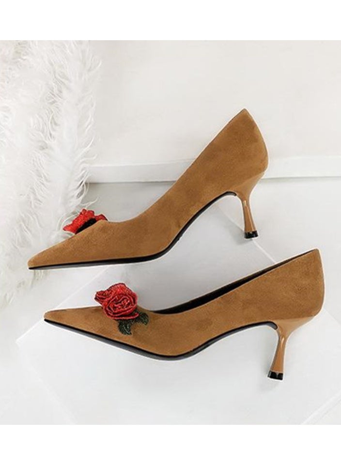 بيج تري النساء ورد الزهور ديكور مغلق إصبع القدم عالية الكعب مضخات الجمل 6.5CM - Image 3