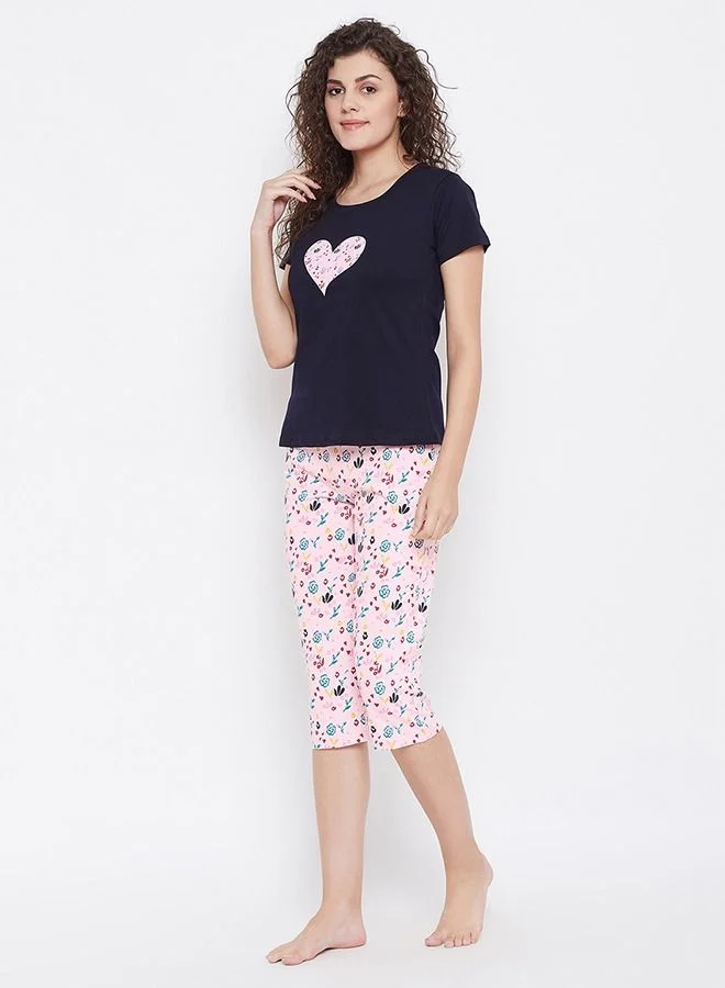 كلوفيا Clovia Sweet Heart Top and Pyjama in Navy and Pink - Cotton Rich