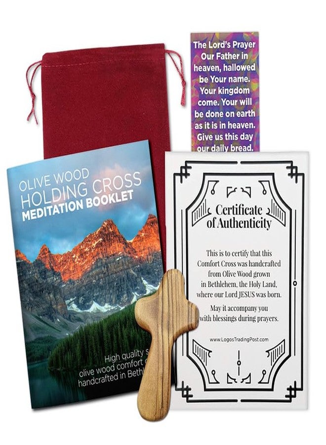 Logos Trading Post Certified Holy Land Olive Wood Comfort Cross Set, 2.75”, Velvet Pouch, Lords Prayer Bookmark, Meditation Booklet, Authenticity Certificate Included - Christian Gift - Holy Land Gifts Pack - Image 1
