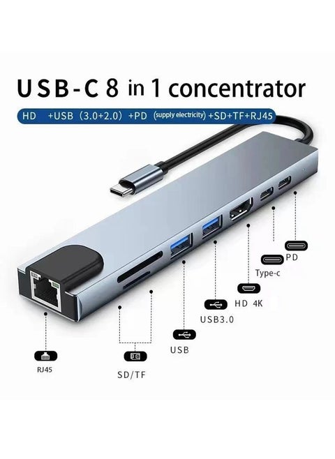 USB-C 8-in-1 Docking Station, HDMI 4K, RJ45 Network Port, USB3.0/2.0, PD Fast Charge, SD/TF Card Reader, Type-C Multi-Function Hub, Suitable for MacBook, iPad, Huawei, Samsung, etc