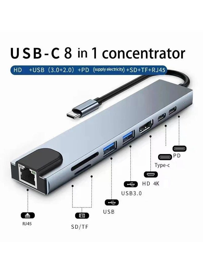 Generic - USB-C 8-in-1 Docking Station, HDMI 4K, RJ45 Network Port, USB3.0/2.0, PD Fast Charge, SD/TF Card Reader, Type-C Multi-Function Hub, Suitable for MacBook, iPad, Huawei, Samsung, etc - Image 1
