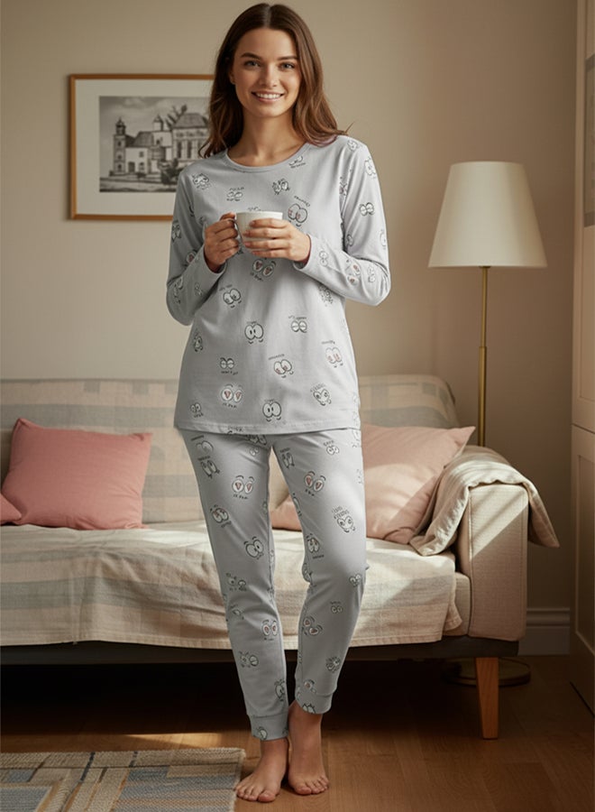 trendyol Gray 100% Cotton Eye Patterned T-shirt-Jogger Knitted Pajama Set THMAW22PT0270 - Image 1