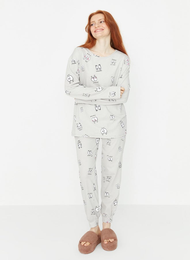 trendyol Gray 100% Cotton Eye Patterned T-shirt-Jogger Knitted Pajama Set THMAW22PT0270 - Image 5