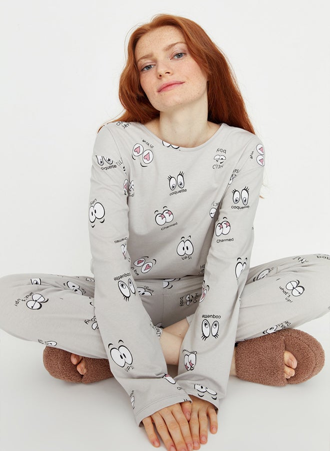 trendyol Gray 100% Cotton Eye Patterned T-shirt-Jogger Knitted Pajama Set THMAW22PT0270 - Image 2