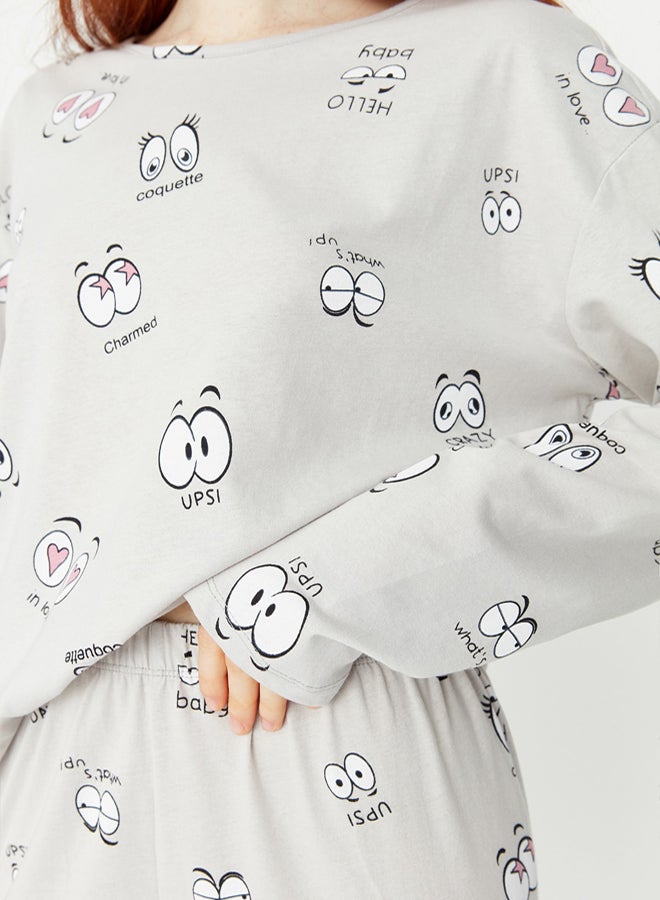 trendyol Gray 100% Cotton Eye Patterned T-shirt-Jogger Knitted Pajama Set THMAW22PT0270 - Image 4