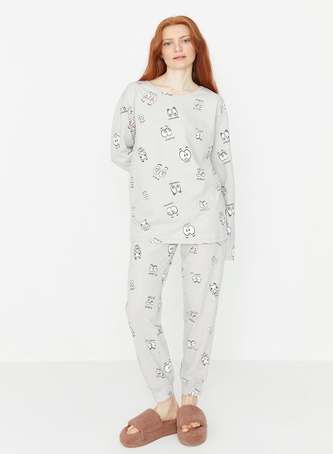 trendyol Gray 100% Cotton Eye Patterned T-shirt-Jogger Knitted Pajama Set THMAW22PT0270 - Image 3