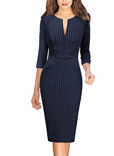 VFSHOW Womens Navy Blue and White Striped Spring Fall Slim Zipper Up Work Business Office Party Bodycon Pencil Sheath Dress 7121 BLU S - Image 3