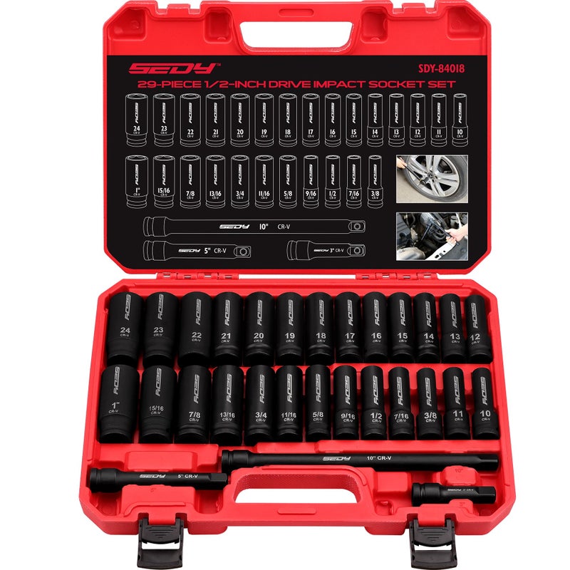 29Piece 12 Drive Impact Socket Set SAE 38 to 1 inch and Metric 1024mm Sizes with Extension Bars Standard Deep Socket Set CRV Material High Durability Impact Wrench