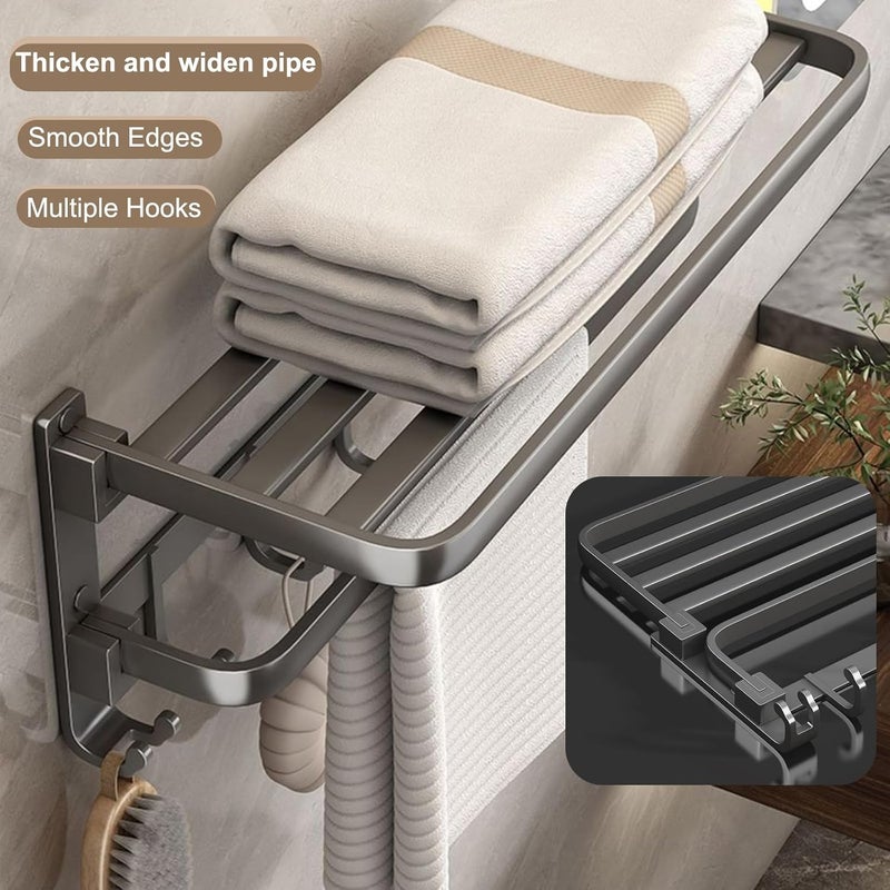 Excefore 60 cm Wall Mounted Towel Rack for Bathroom, 24 Inch Foldable Matte Towel Shelf with Bar and Movable 9 Hooks, Space Aluminum Rustproof Towel Organizer for Bathroom, Shower, and Hotel Use - Image 4