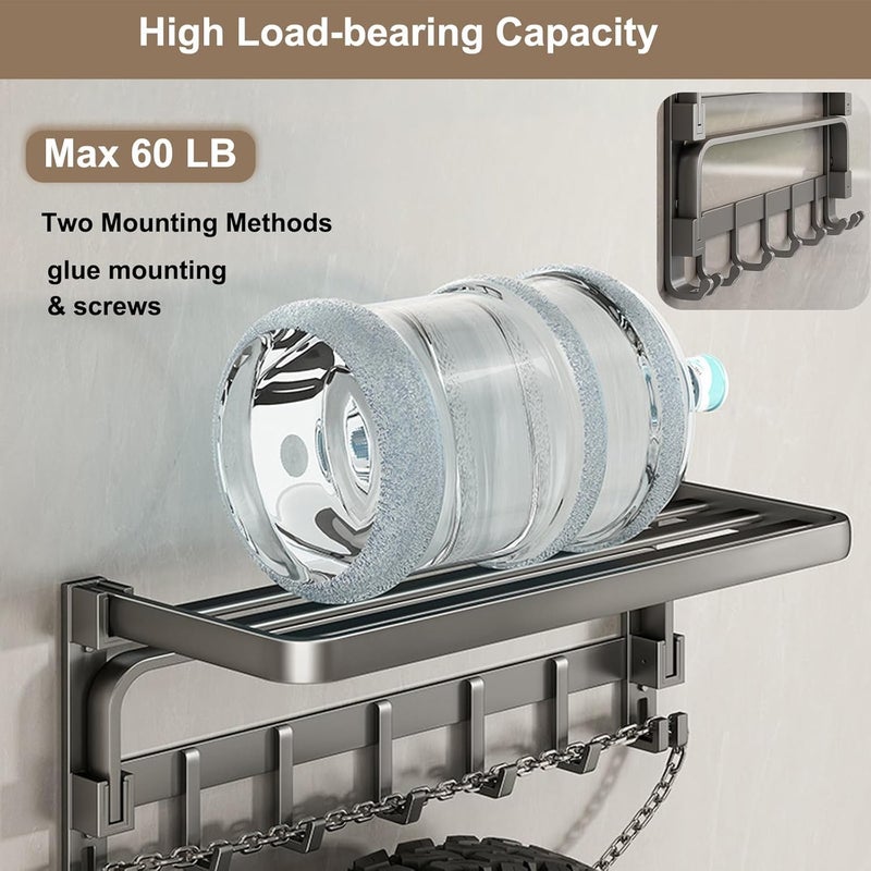 Excefore 60 cm Wall Mounted Towel Rack for Bathroom, 24 Inch Foldable Matte Towel Shelf with Bar and Movable 9 Hooks, Space Aluminum Rustproof Towel Organizer for Bathroom, Shower, and Hotel Use - Image 2