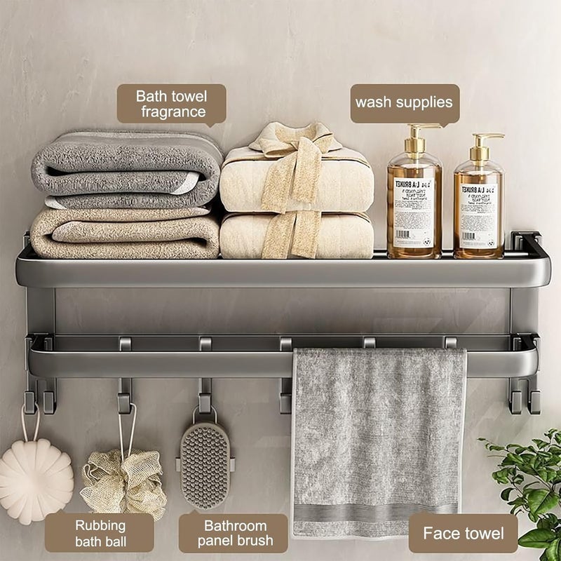 Excefore 60 cm Wall Mounted Towel Rack for Bathroom, 24 Inch Foldable Matte Towel Shelf with Bar and Movable 9 Hooks, Space Aluminum Rustproof Towel Organizer for Bathroom, Shower, and Hotel Use - Image 3