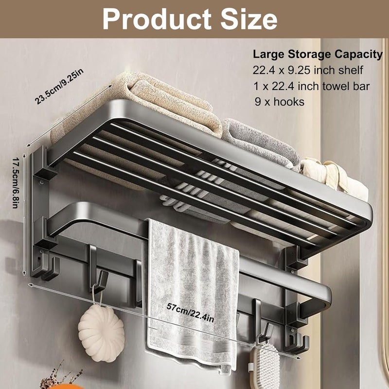 Excefore 60 cm Wall Mounted Towel Rack for Bathroom, 24 Inch Foldable Matte Towel Shelf with Bar and Movable 9 Hooks, Space Aluminum Rustproof Towel Organizer for Bathroom, Shower, and Hotel Use - Image 5
