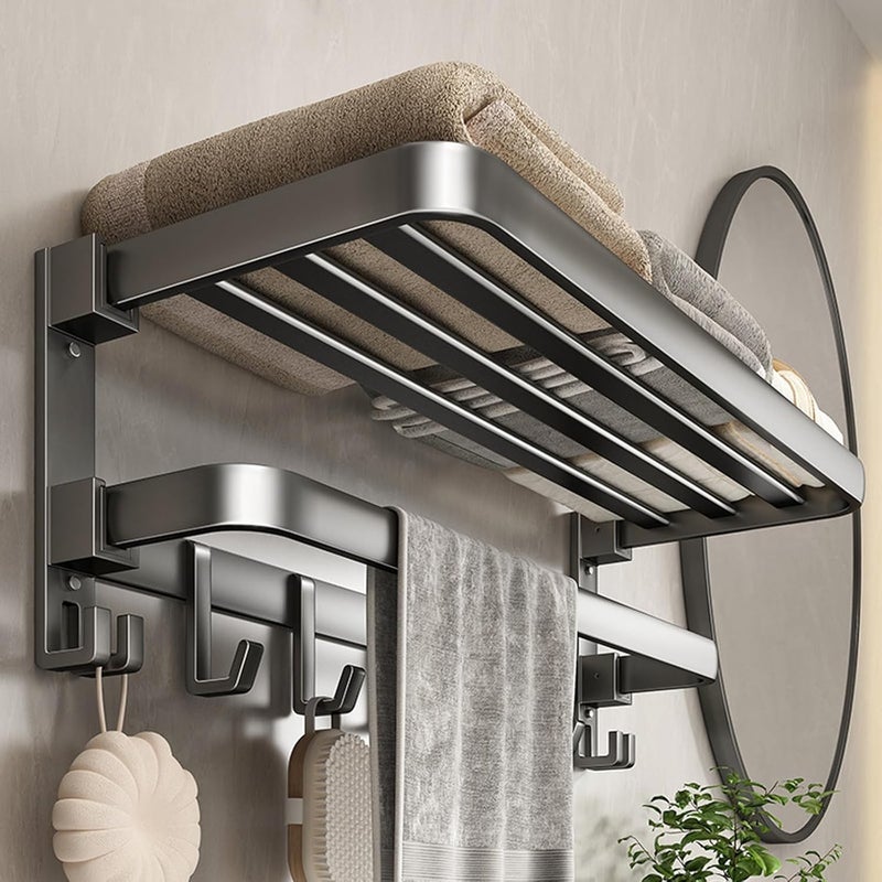 Excefore 60 cm Wall Mounted Towel Rack for Bathroom, 24 Inch Foldable Matte Towel Shelf with Bar and Movable 9 Hooks, Space Aluminum Rustproof Towel Organizer for Bathroom, Shower, and Hotel Use - Image 1