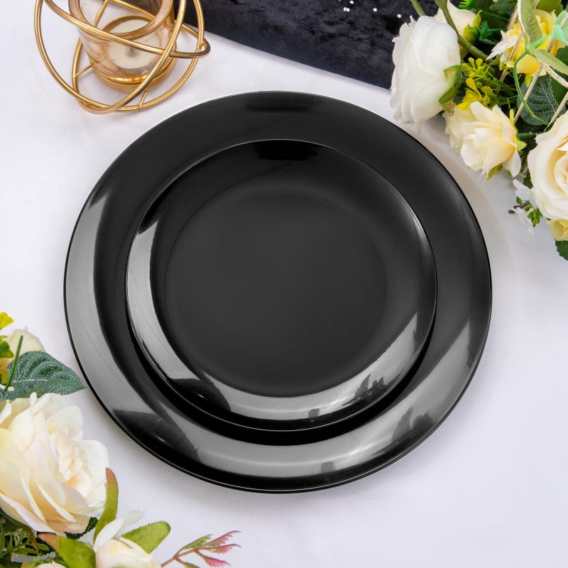PULOTE 100PCS Black Plates Disposable - Premium Heavy Duty Black Plastic Plates - Include 50 Black Dinner Plates 10.25 inch  50 Black Dessert/Salad Plates 7.5 inch  Idea for Party&Halloween - Image 4