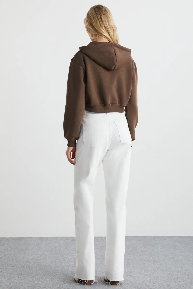جريميلانج Dianetta Women's Crop Raised Organic Cotton Printed Detailed Hooded Zippered Brown Sweatshirt