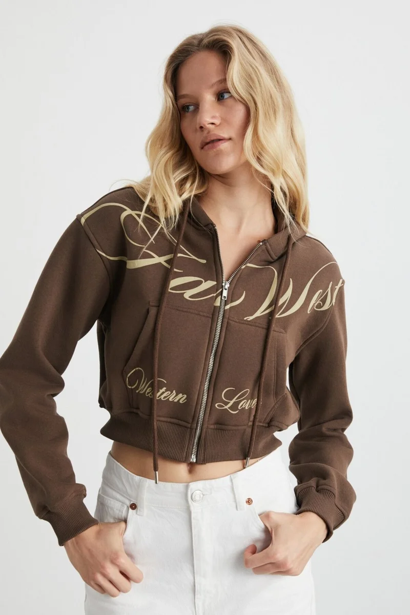 جريميلانج Dianetta Women's Crop Raised Organic Cotton Printed Detailed Hooded Zippered Brown Sweatshirt