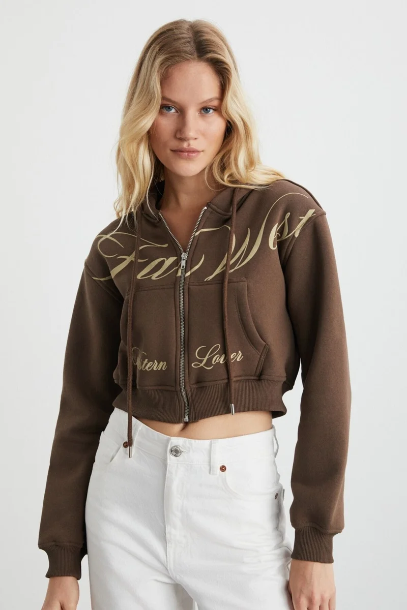 جريميلانج Dianetta Women's Crop Raised Organic Cotton Printed Detailed Hooded Zippered Brown Sweatshirt