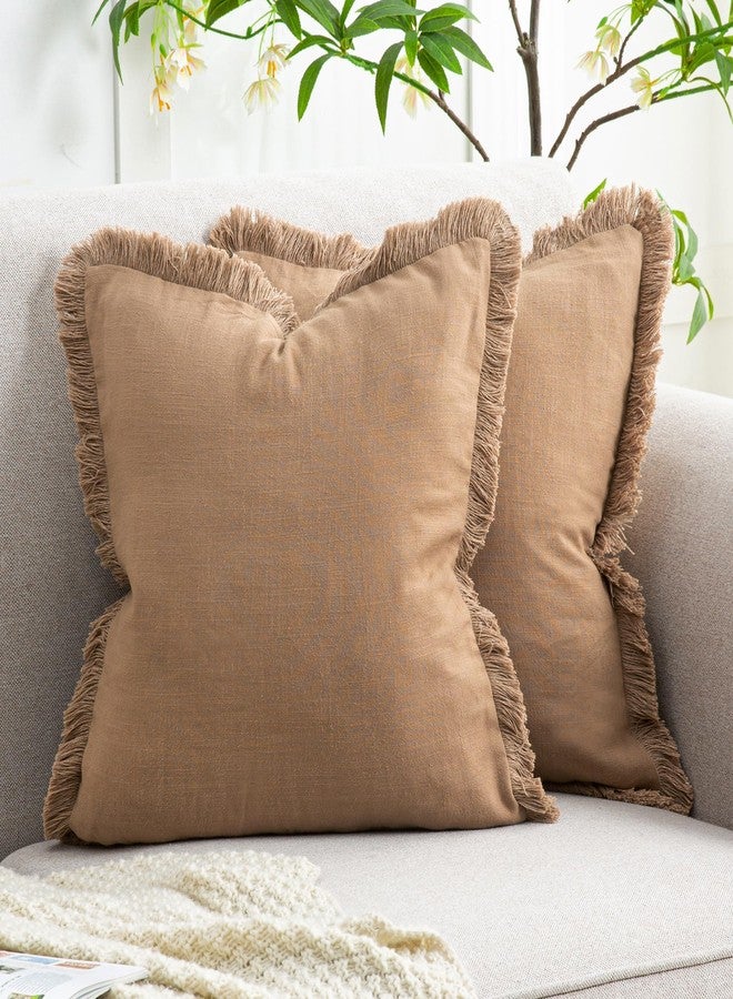 Mayler Yee Set of 2 Fringe Throw Pillow Covers with Tassel Trim for Farmhouse Living Room,Soft Cotton & Cozy Linen, Boho Sytle Decorative Home (Khaki Brick, 18x18 Inch) - Image 1