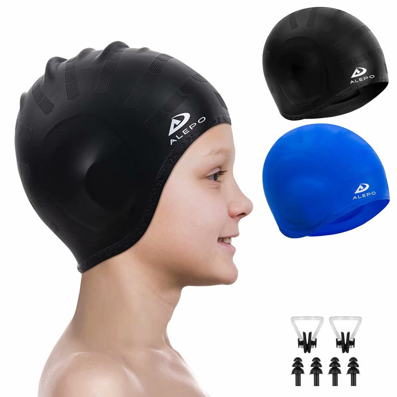 Alepo 2 Pack Kids Swim Caps for Boys Girls, Durable Silicone Swimming Cap with 3D Ear Pockets for Age 3-15 Toddler Child Youth Teen, Unisex Swim Bath Hats for Short/Long Hair with Ear Plugs Nose Clip-1 - Image 1