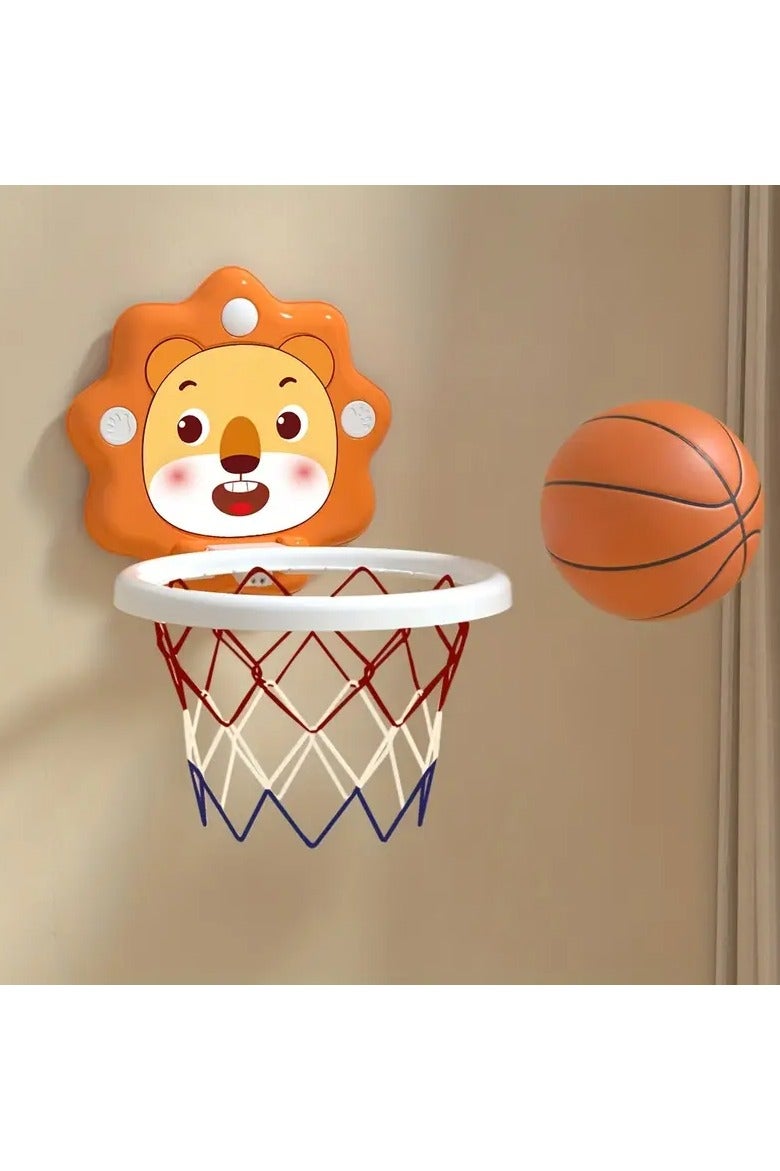 طقم حلقة كرة سلة داخلية قابلة للطي للأطفال مع كرة قابلة للنفخ ومضخة وشبكة وخطافات وحقيبة تخزين – تصميم أسد - Image 1