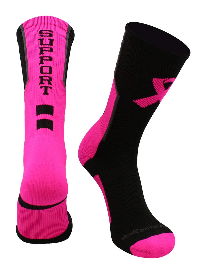 MadSportsStuff Breast Cancer Awareness Support Crew Socks (Black/Neon Pink/Graphite, Small) - Image 1