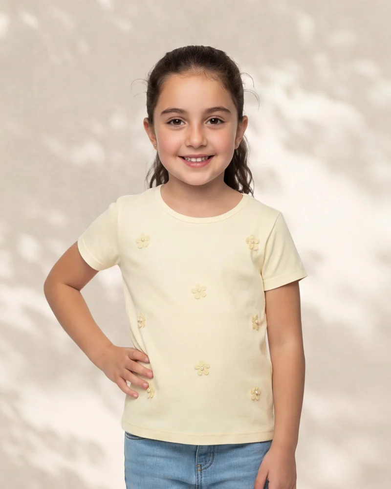 Redtag Girls Yellow Floral 3D Embellished T-Shirt