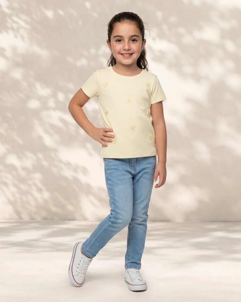 Redtag Girls Yellow Floral 3D Embellished T-Shirt