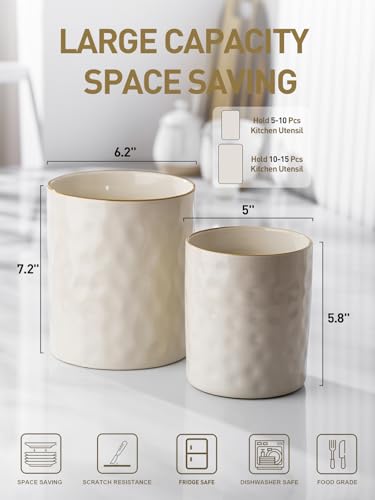 famiware Ocean Utensil Holder, 7.2"+5.8" Ceramic Kitchen Utensil Holder for Countertop, Cooking Utensil Crocks, Utensil Organizer for Spatula & Spoon, Kitchen Decor, Set of 2, Vanilla White - Image 5