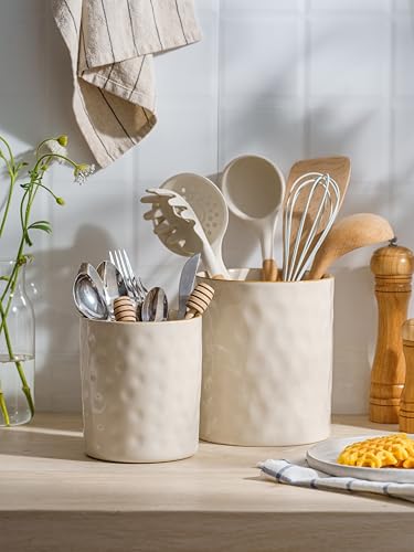 famiware Ocean Utensil Holder, 7.2"+5.8" Ceramic Kitchen Utensil Holder for Countertop, Cooking Utensil Crocks, Utensil Organizer for Spatula & Spoon, Kitchen Decor, Set of 2, Vanilla White - Image 2