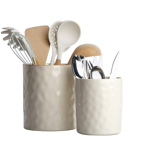 famiware Ocean Utensil Holder, 7.2"+5.8" Ceramic Kitchen Utensil Holder for Countertop, Cooking Utensil Crocks, Utensil Organizer for Spatula & Spoon, Kitchen Decor, Set of 2, Vanilla White - Image 1