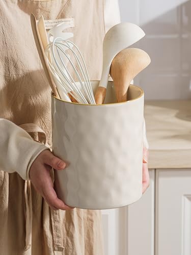 famiware Ocean Utensil Holder, 7.2"+5.8" Ceramic Kitchen Utensil Holder for Countertop, Cooking Utensil Crocks, Utensil Organizer for Spatula & Spoon, Kitchen Decor, Set of 2, Vanilla White - Image 3