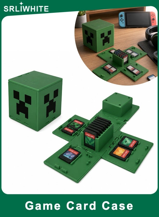 SRLIWHITE Game Card Case, Foldable Cube Cartridge Holder, 16 Slot Portable Organizer, Green Pixel Style Storage Box for Handheld Console Games (6.5 CM) - Image 1