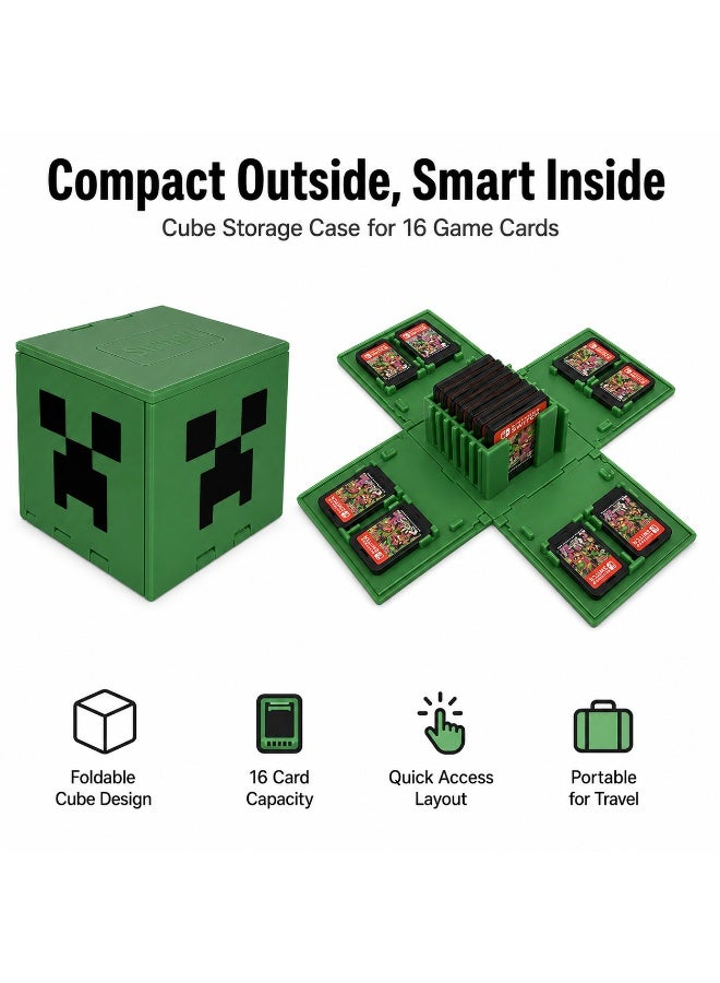 SRLIWHITE Game Card Case, Foldable Cube Cartridge Holder, 16 Slot Portable Organizer, Green Pixel Style Storage Box for Handheld Console Games (6.5 CM) - Image 2