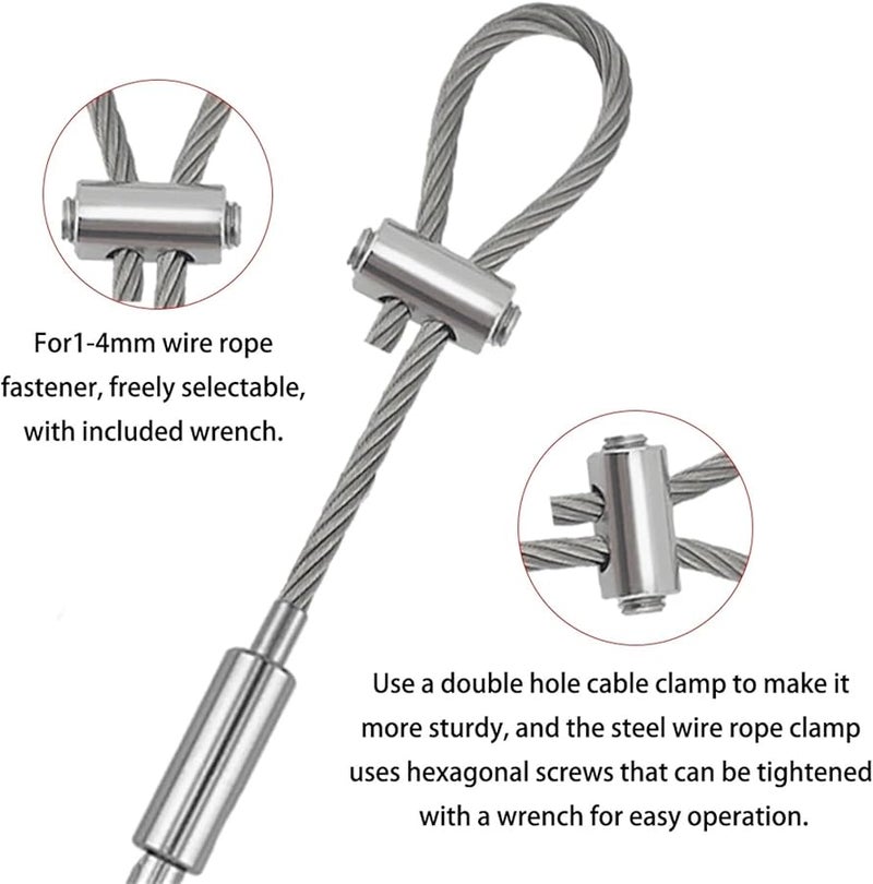 طقم تعليق حبل سلكي من الفولاذ المقاوم للصدأ 6 قطع قابل للتعديل 1.5-4 مم مع مشبك خطاف للوحات الإعلانية واللوحات الفنية والمرايا مقاس 3 متر اللون D - Image 5