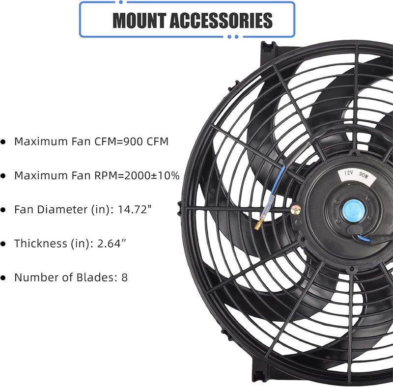 GESEXI 14 Inch Slim Push Pull Electric Radiator Cooling Fan with Mounting Kit - 12V 90W - Image 2