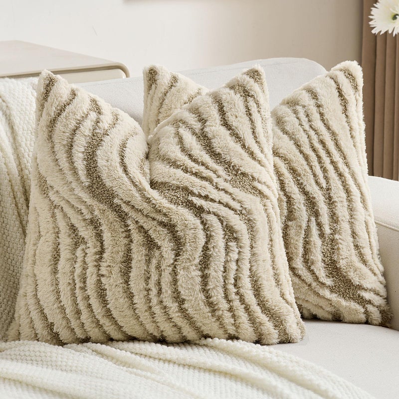 FUTEI Beige Decorative Throw Pillow Covers 18x18 Inch Set of 2,Soft Faux Fur Geometric Shapes Texture Cushion Case,Boho Home Decor for Couch Bed Living Room - Image 1