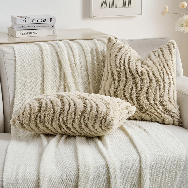 FUTEI Beige Decorative Throw Pillow Covers 18x18 Inch Set of 2,Soft Faux Fur Geometric Shapes Texture Cushion Case,Boho Home Decor for Couch Bed Living Room - Image 5