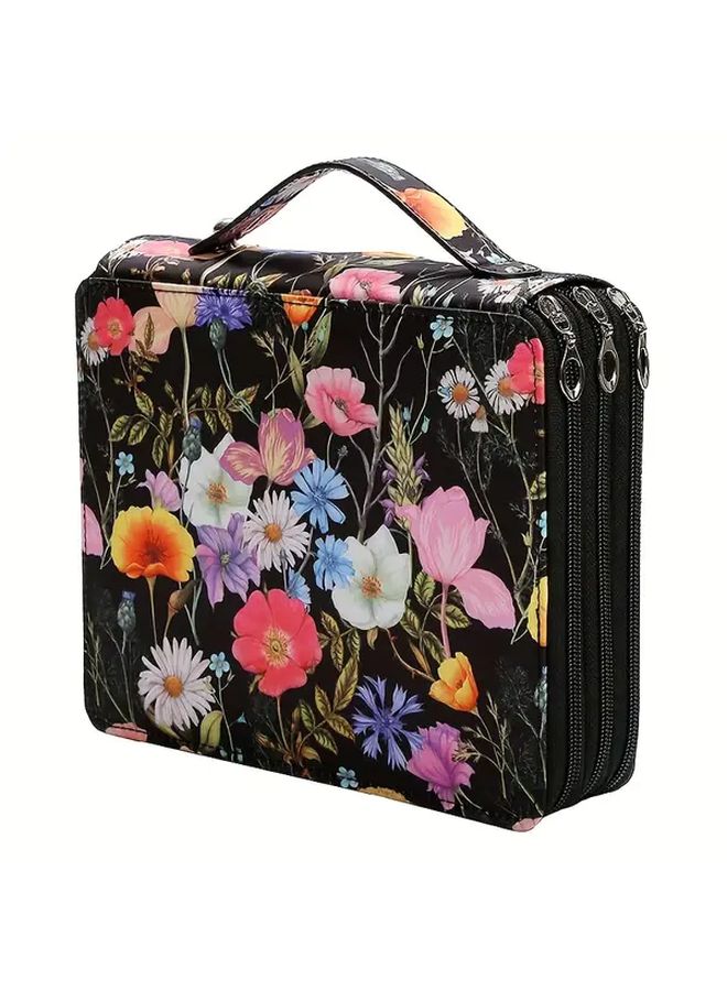 Black Flowers Art Supplies Organizer Bag 3 Zippered Pockets 124 Pen Slots Portable Handle - Image 4