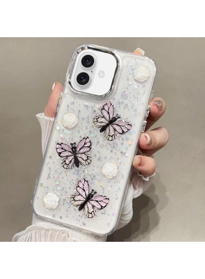 جراب هاتف TPU لامع ثلاثي الأبعاد على شكل فراشة لهاتف iPhone 16 Plus (وردي)