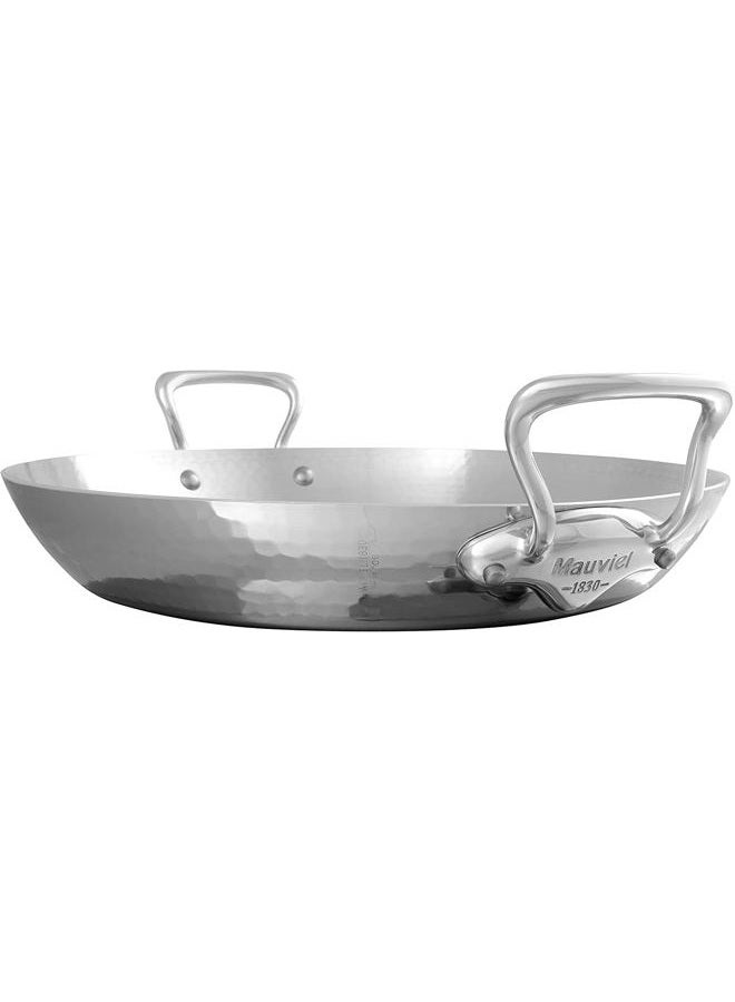Mauviel M'Elite 5-Ply Hammered Polished Stainless Steel Paella Pan With Cast Stainless Steel Handles, 15.7-in, Made in France - Image 1