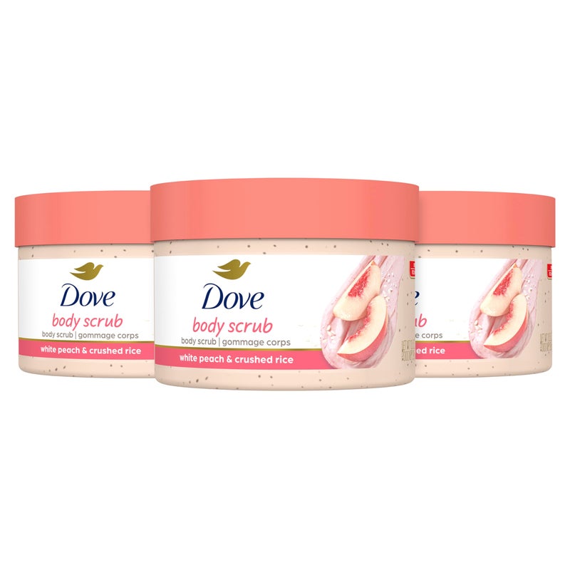Dove مقشر الجسم دوف خوخ أبيض وأرز مطحون 3 قطع لبشرة ناعمة ومرطبة بشكل واضح، مع ¼ كريم مرطب، 10.5 أونصة - Image 1